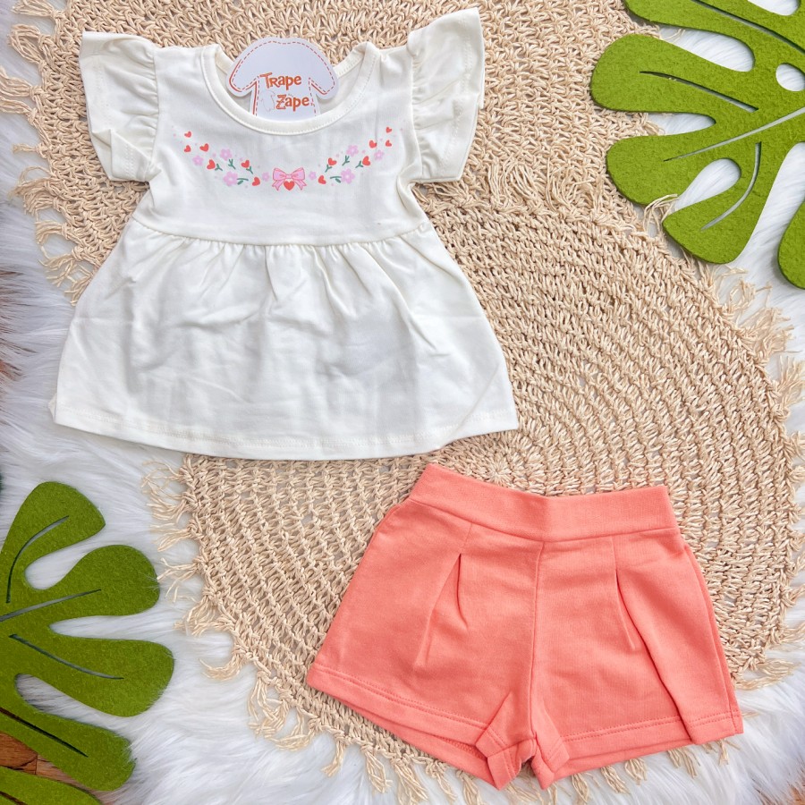 Conj. Blusa Manga Curta Flores com Laços e Short - Off White e Salmão